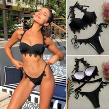 Женский купальный костюм с высокой талией, два кружева, купальник, однотонный кружевной комплект бикини с ремешками, пляжная одежда для плавания, летняя пляжная одежда, новинка