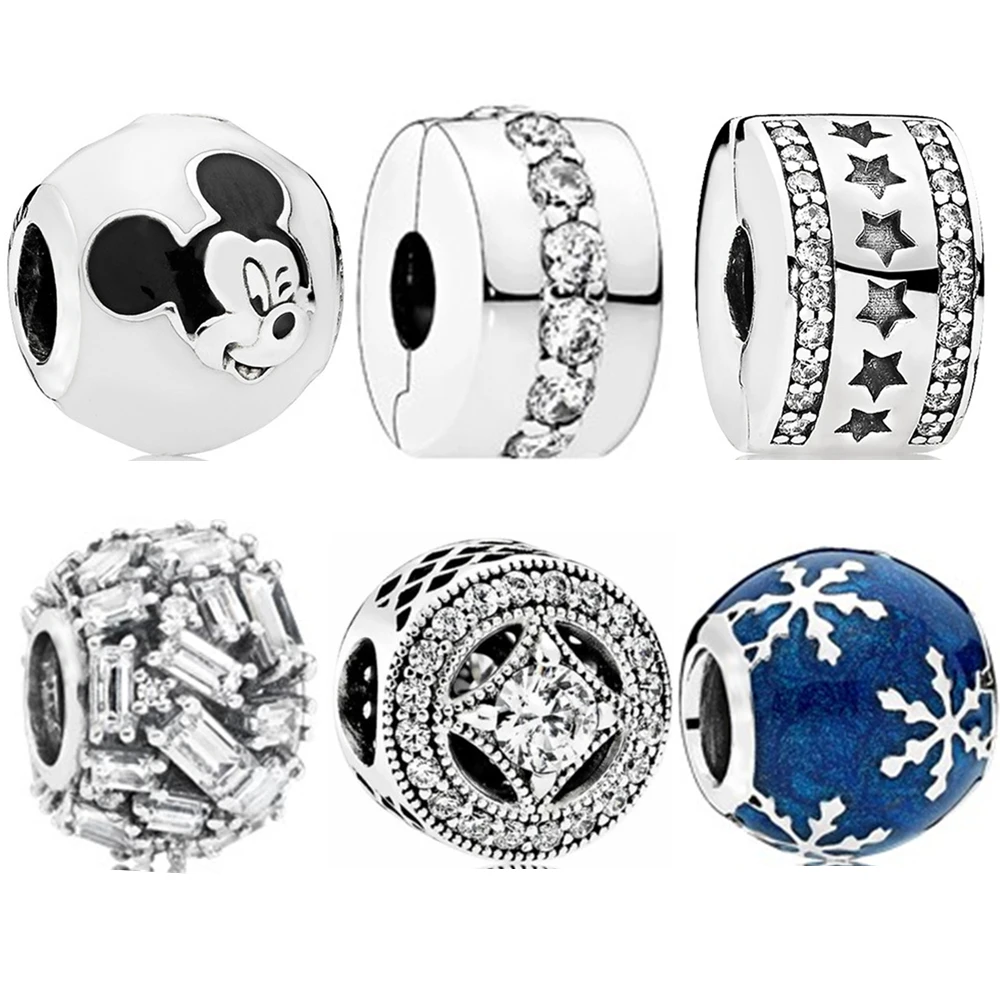 

Couqcy New Original Sliver Bead Clip Mickey Snowflake Zircon Charm Fit Pandora Bracelet Necklace DIY Women Jewelry