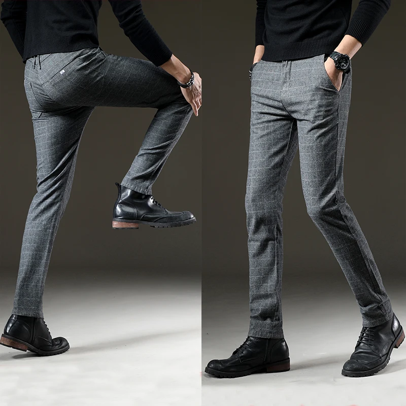 Размер 28-38, новинка, мужские Модные повседневные штаны, черные, серые, тонкие, стрейчевые, хлопковые, клетчатые, длинные штаны, формальные, рабочие брюки, высокое качество