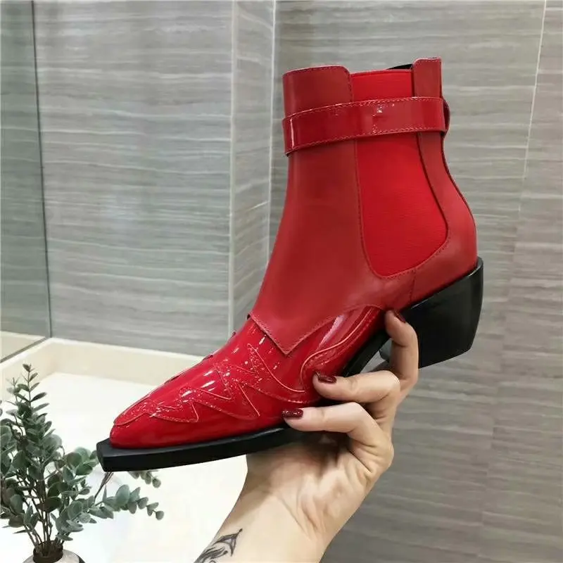 

Gigi Hadid Women Boots High Heel Patent Leather Pumps Femal Metal Buckle Brand Embroider Shoes Woman Square Heel Chelsea Boots