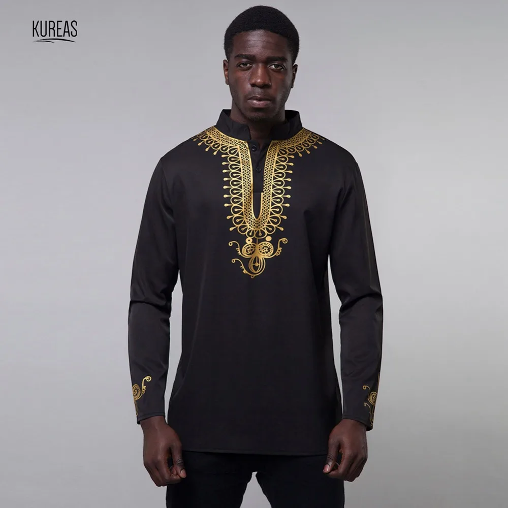 Kureas Dashiki Мужская африканская одежда с золотым принтом Футболки с длинным рукавом Топы со стоячим воротником Slim Fit традиционная африканская одежда