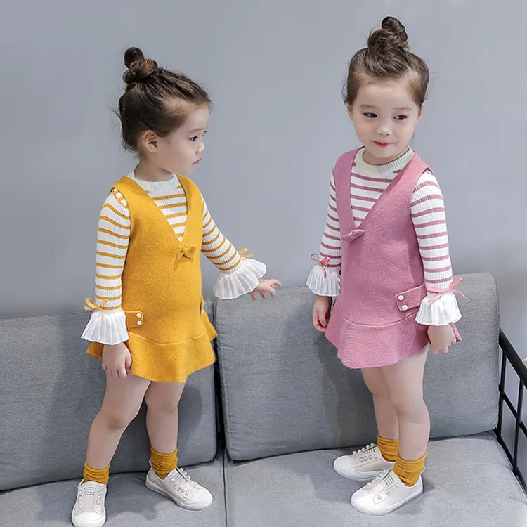 

2017 autumn girl suit long sleeve stripe t-shirt+suspender dress kids clothing set 2pcs per set
