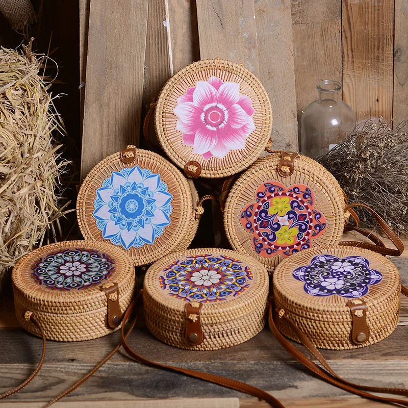 

Bali Island Hand Woven Bag Round Bag buckle Rattan Straw Bags Satchel Wind Bohemia Circle Rattan Bag