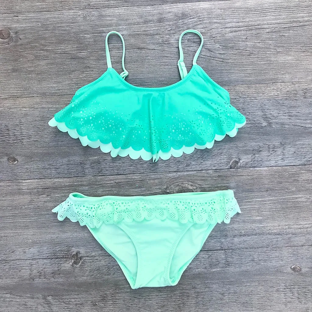 

Little Girls Swimsuit Kids Baby Girls Hollow Ruffled Lace Side Split Swimsuit Bikini Summer Swimwear Two-piece Set Outfits