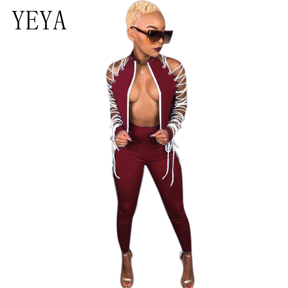YEYA 2 Piece Set Lace Up Bandage Jumpsuit Stand Neck Zipper Hollow Out Bodycon Romper Sexy Party Club Wear Long Sleeve Overalls