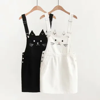 

Japanese Mori Girl Jumper Skirt Cute Cat Embroidery Demin Braces Skirt Fresh Casual Skirt Girls Preppy style Students Short JSK