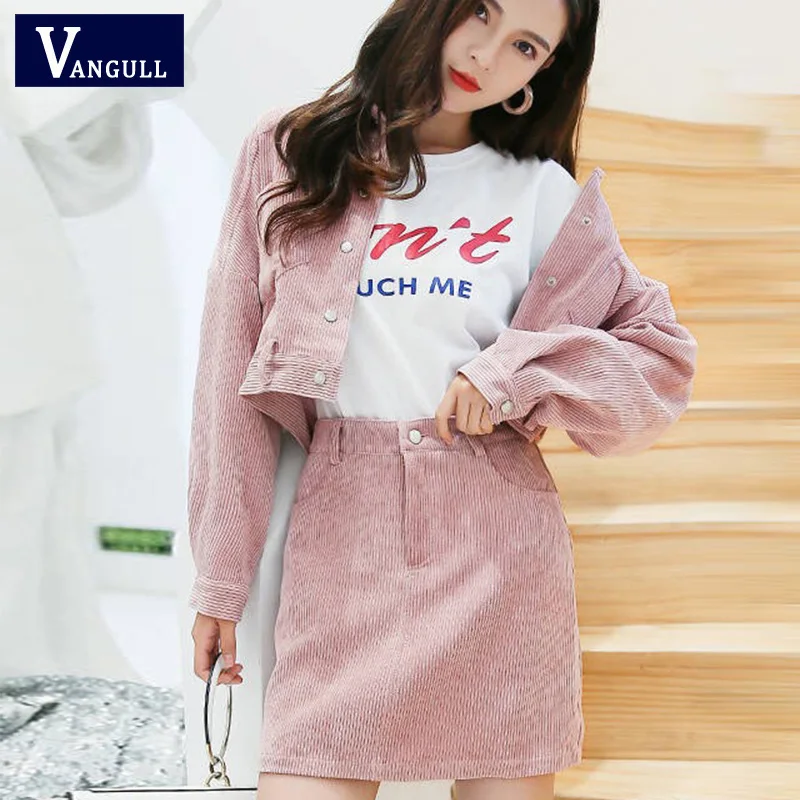 

Vangull Elegant Corduroy Pocket Top with Button Front Skirt Two Piece Set Women 2019 Clothing Autumn Casual 2 Piece Sets Outfits