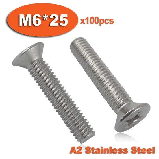 100pcs DIN965 M6 x 25 A2 Stainless Steel Screw Cross Recessed