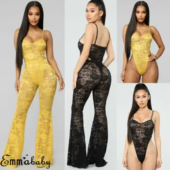 

Stylish Hot Sale Women's Solid See Through Lace Sheer Mesh Clothes Sets Sling V-neck Tops and High-waist Long Flared Pants S-XL