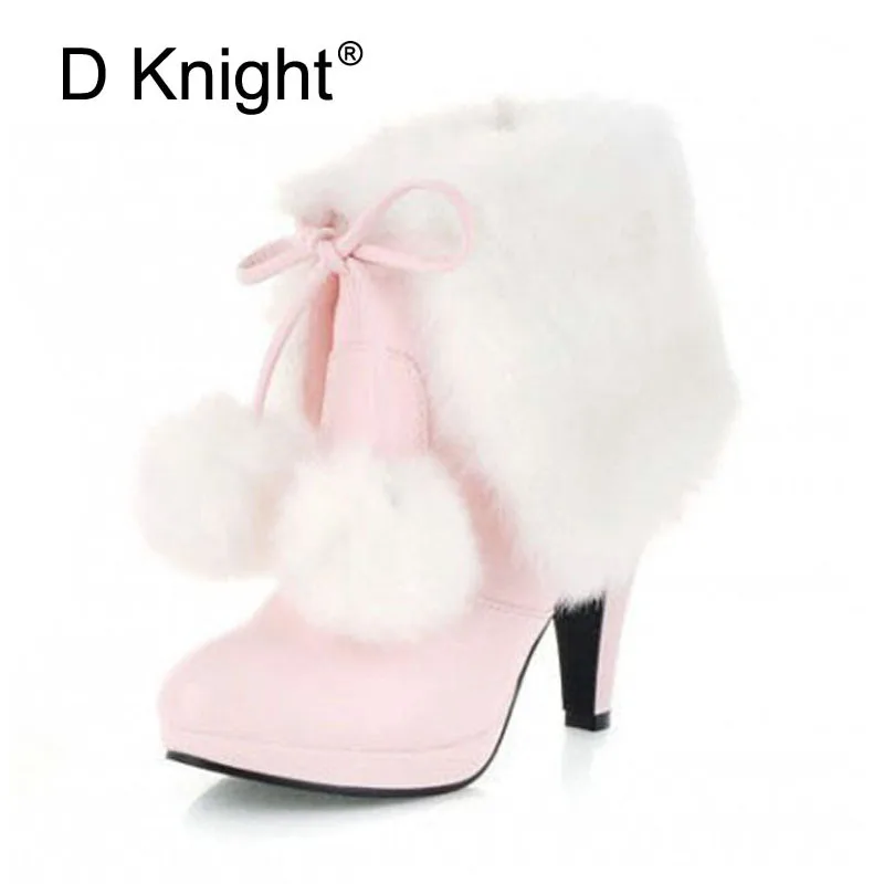 

Fashion Round Toe Platform High Heels Women Winter Boots Sweet Faux Rabbit Fur Ankle Boots For Women Big Size 34-43 Boots Woman
