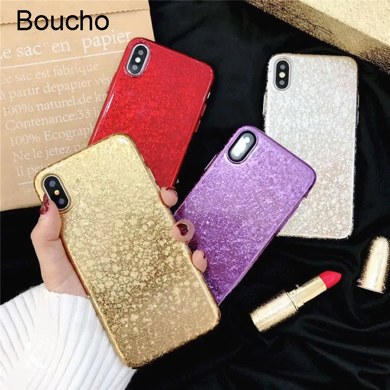 

Boucho Bling Shining Powder Sequins Phone Case For iphone X Cases For Apple iphone 6 6s 7 8 Plus Simple Solid color Back Cover