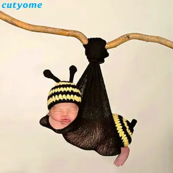 

2017 Real Baby Bee Crochet Newborn Photography Props 3pcs/set(hat+wrap+pants) For Bebes Infant Handmade Knitted Accessories