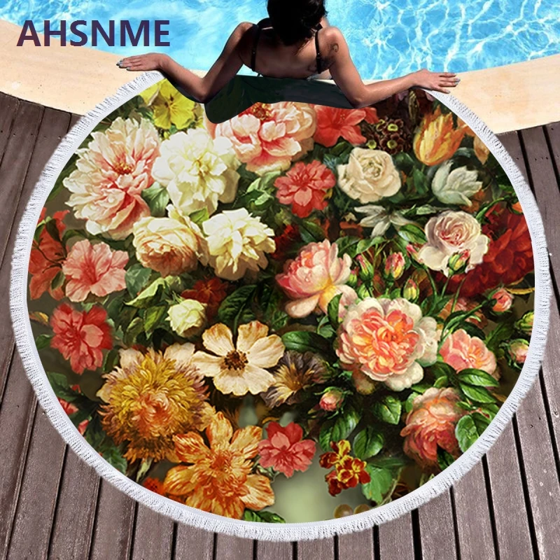 AHSNME Round Bath Towel Hand Painted Flower Art Oil Painting Beach