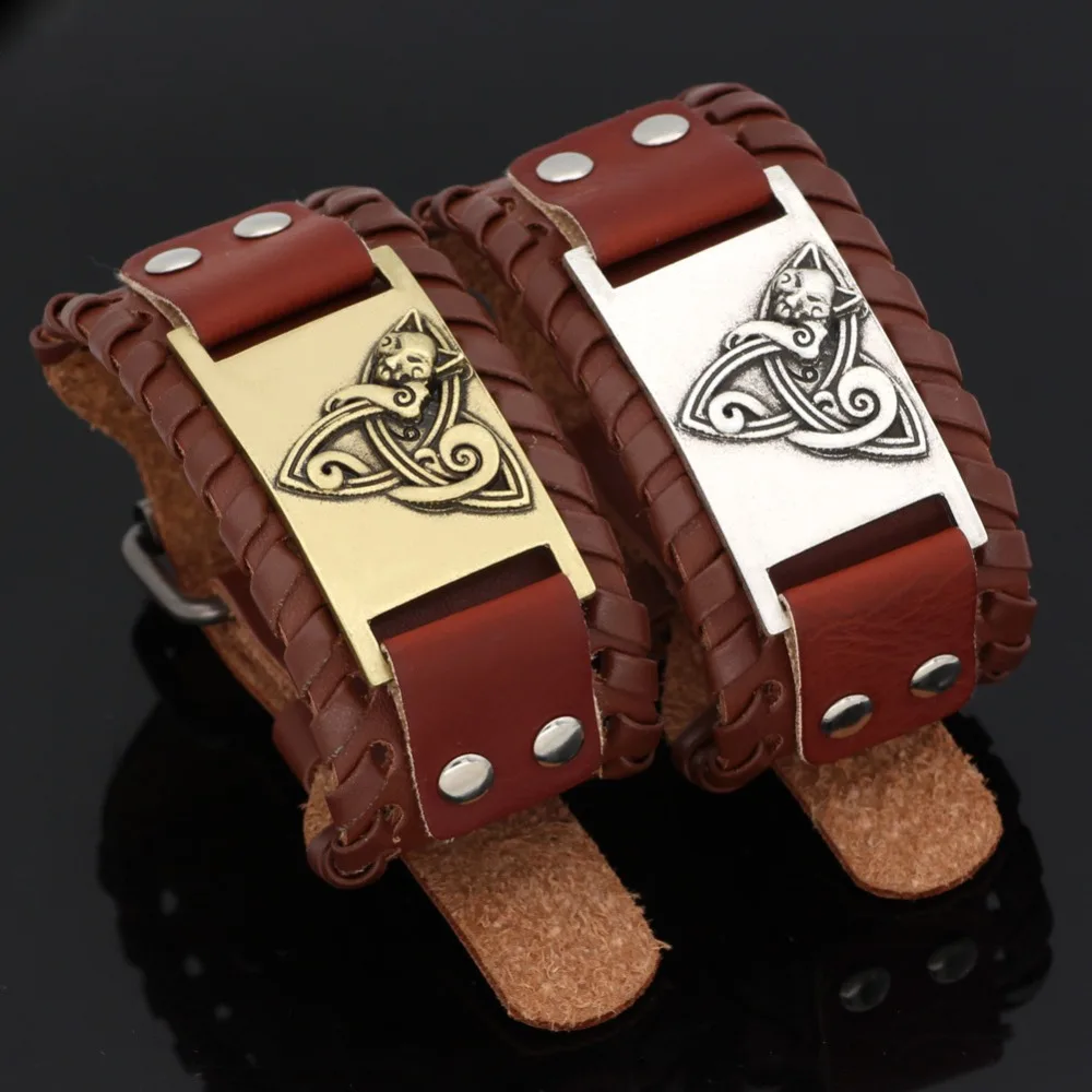 

Men's Gift Viking Wolf Leather Wide Bracelet Men's Amulet Bracelet
