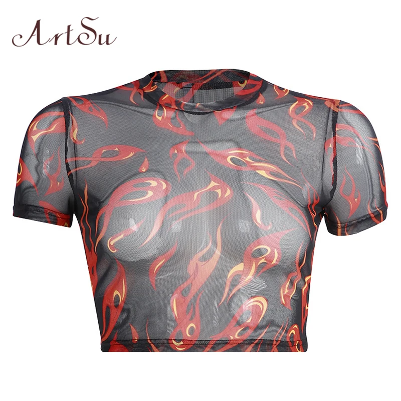 

ArtSu Flame Printed Tshirt Red Crop Top Sexy Transparent Mesh Top Short Sleeve Funny Tshirts Women Summer Top Harajuku ASTS20779