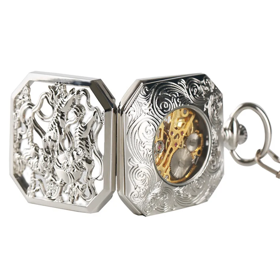 Cool Three Tiger Silver Pendant Pocket Watch Mechanical Watches Analog Retro Roman Number Irregular Hollow Mens Reloj (7)