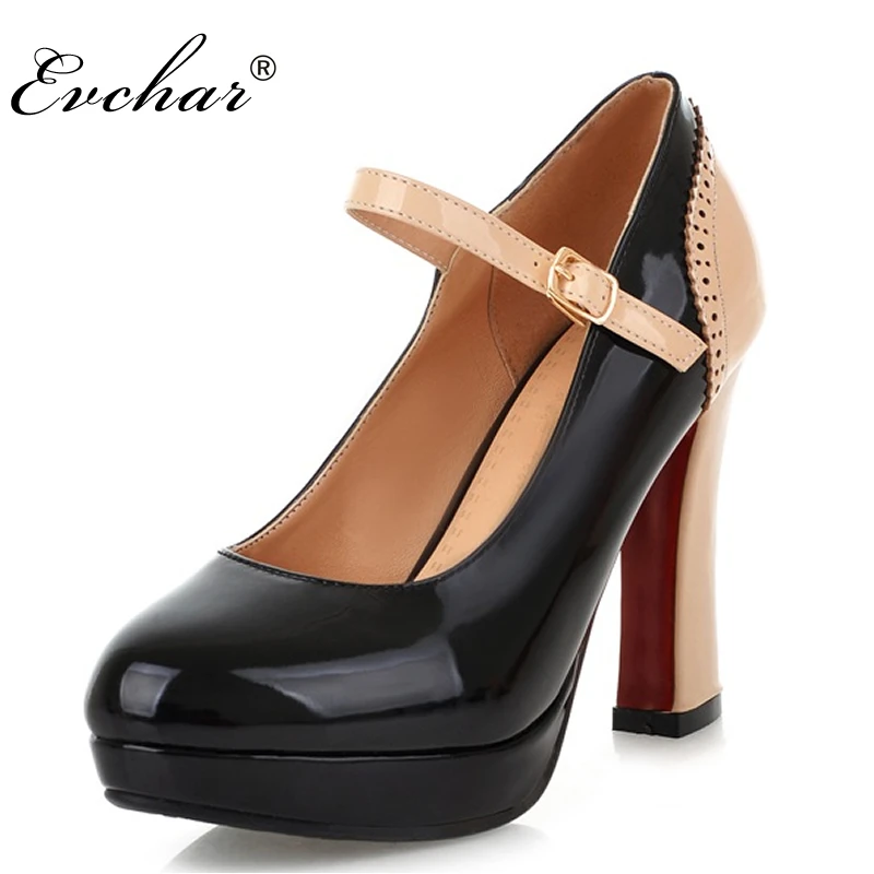 

New Spring/Autumn Cute buckle strap Shoes Mixed Color Women Pumps Fashion Design Thick high Heels Dress Shoes Woman size 33-43