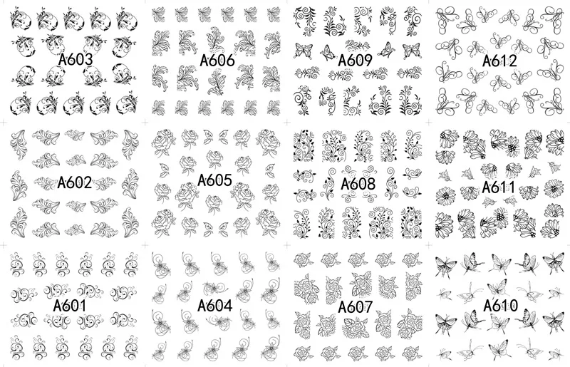 12 листов черные кружевные водоотталкивающие наклейки для ногтей Цветочные наклейки маникюрные украшения для ногтей Инструменты - Цвет: A601-612