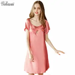 Шелк Длинные рубашки плюс Размеры сексуальный Camisola De Dormir Feminino Полые печати розовый белье для Для женщин