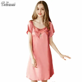 

Silk Long Nightdress Plus Size Sexy Camisola De Dormir Feminino Hollow Print Pink Lingerie For Women