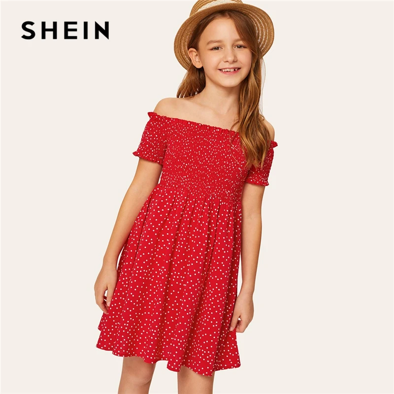 

SHEIN Kiddie Red Off The Shoulder Smocked Frill Dot Girls Dress 2019 Summer Short Sleeve Vacation Boho Knee Length Flared Dress
