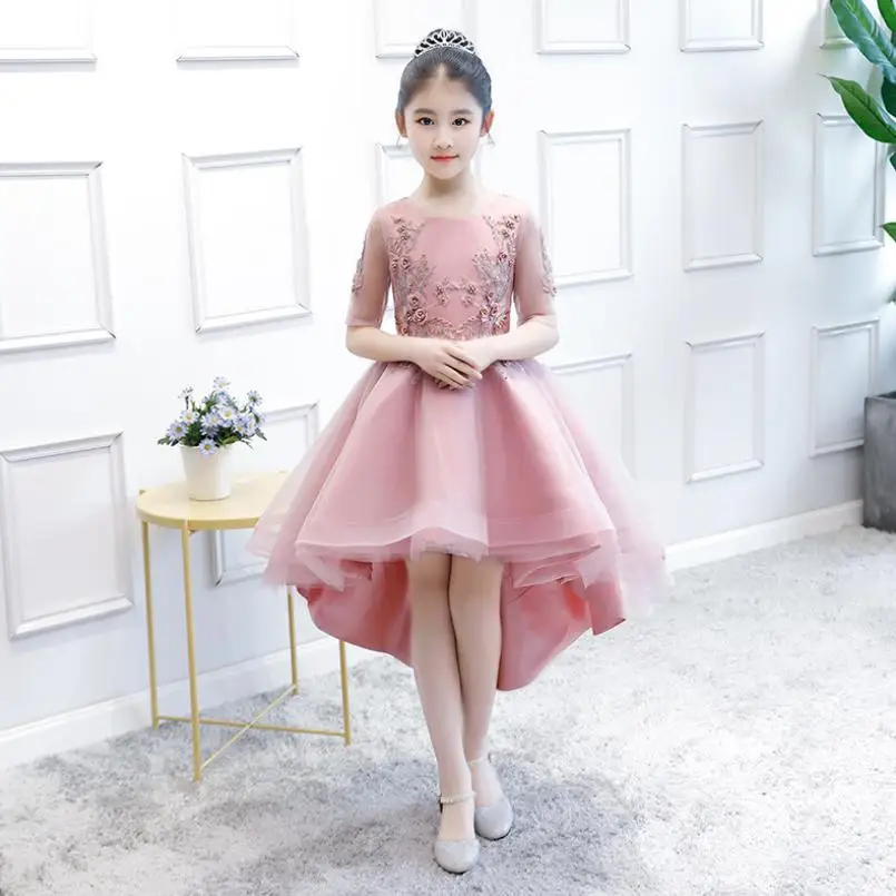 

Kids Girls Tulle Princess Party Dress Children Pearls Embroidery Flower Prom Gown Girls Trailing Dress Appliques Vestidos Y1497