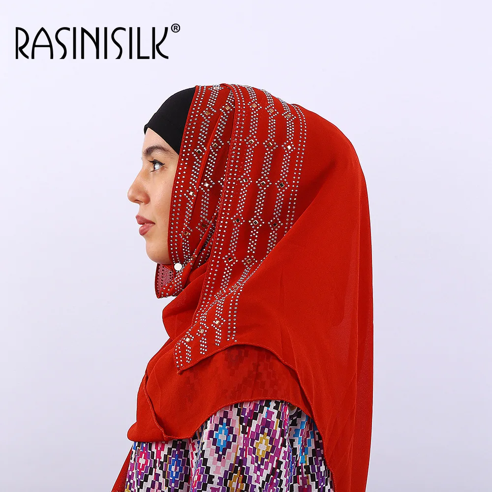

Women High Quality Plain Turban Shawl With Colorful Rhinestone Long Scarf Muslim Turkish Hijab Pearl Chiffon Head Scarf