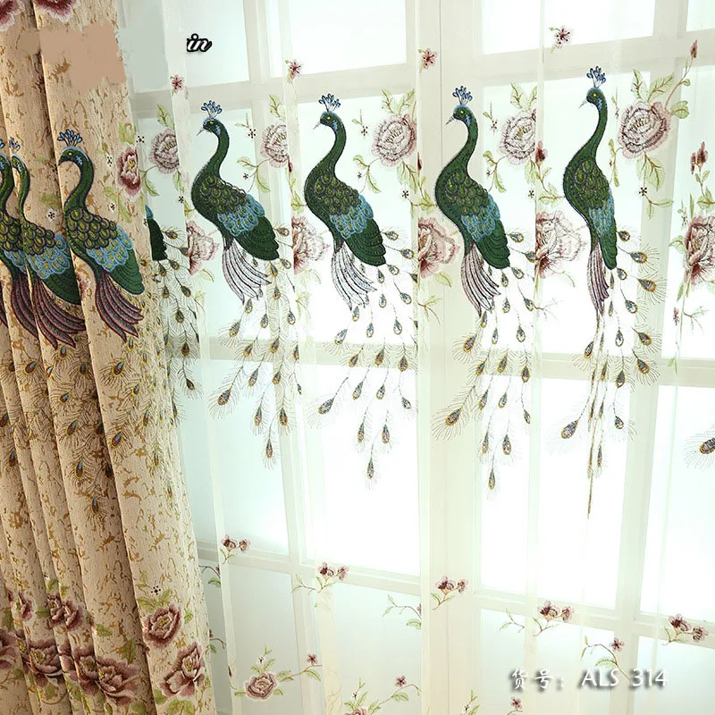 Роскошные затемненные шторы в цветочек для гостиной с вышивкой павлина, европейские великолепные тюлевые вуали T70#4