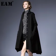[EAM] 2019 Nuova Primavera Risvolto Manica Lunga Grigio Lunga Allentata Irregolare Hem Tasca Punto Rivestimento Delle Donne del Cappotto di Modo marea JH668(China)
