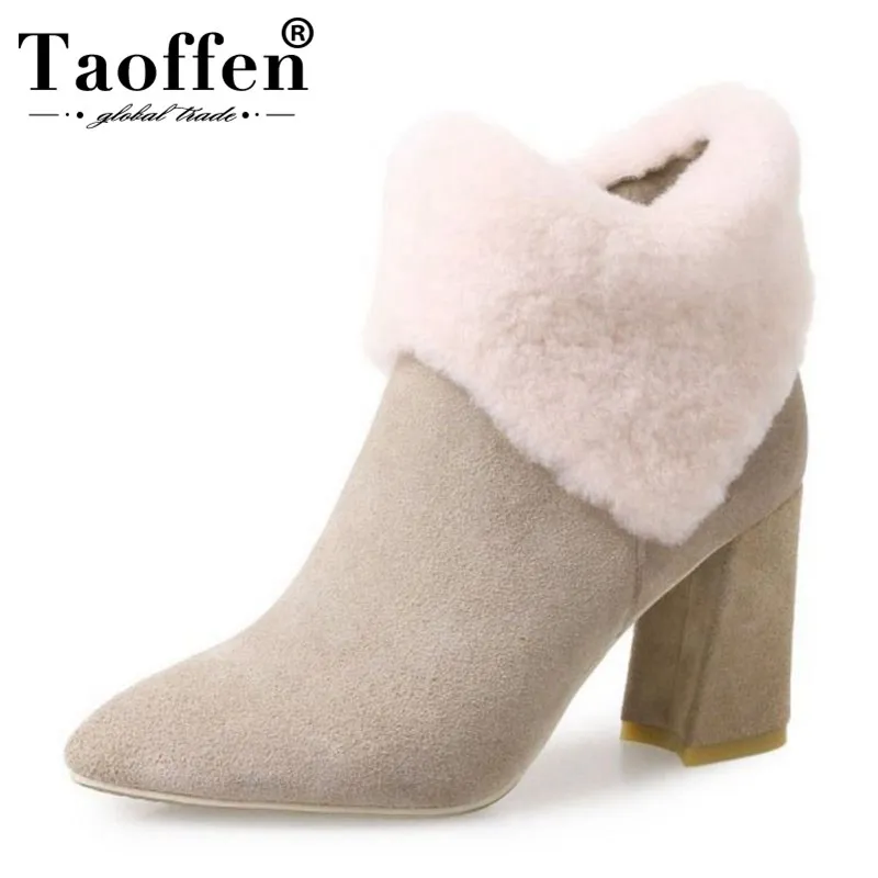 

Taoffen Women Genuine Leather High Heel Boots Half Short Boots Warm Fur Shoes Cold Winter Short Botas Women Footwear Size 34-39