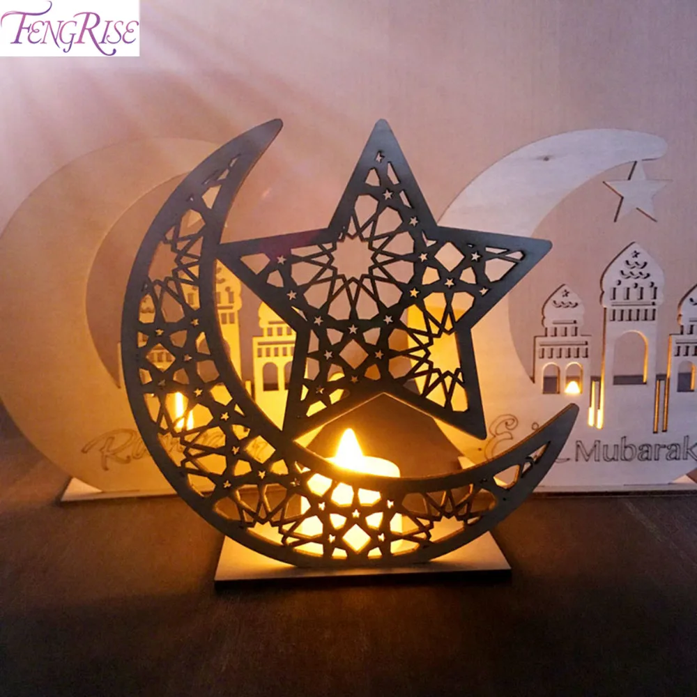 FENGRISE Wooden Star Moon EID Mubarak Decor For Home Decoration...