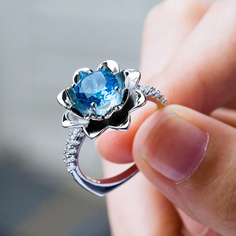 Huitan, роскошное кольцо с солитером, с цветком лотоса, дизайн, морской синий кубический цирконий, ювелирные изделия, Модные Коктейльные Вечерние кольца для женщин