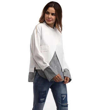 

2019 Autumn Winter New Women's Hoodies Color Block Fake Two Pieces Sweatshirts Fashion Casual Long Sleeve Pullovers