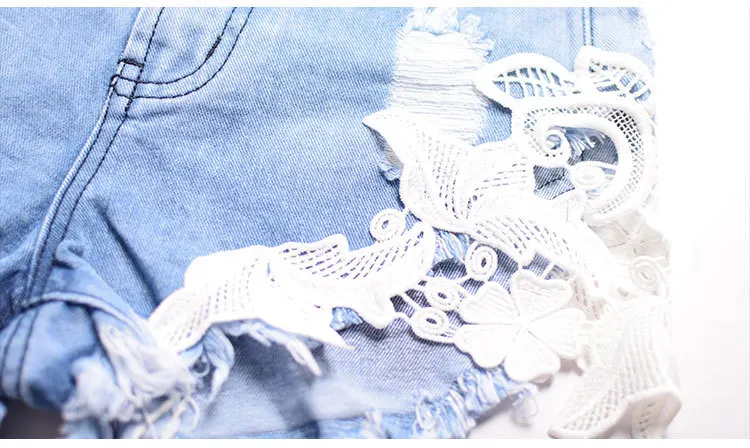 Летний Лидер продаж Кружево Рваные джинсы Шорты для женщин для Для женщин Высокая Талия пляжный отдых Синие джинсы Шорты для женщин плюс Размеры Европейский Стиль Костюмы
