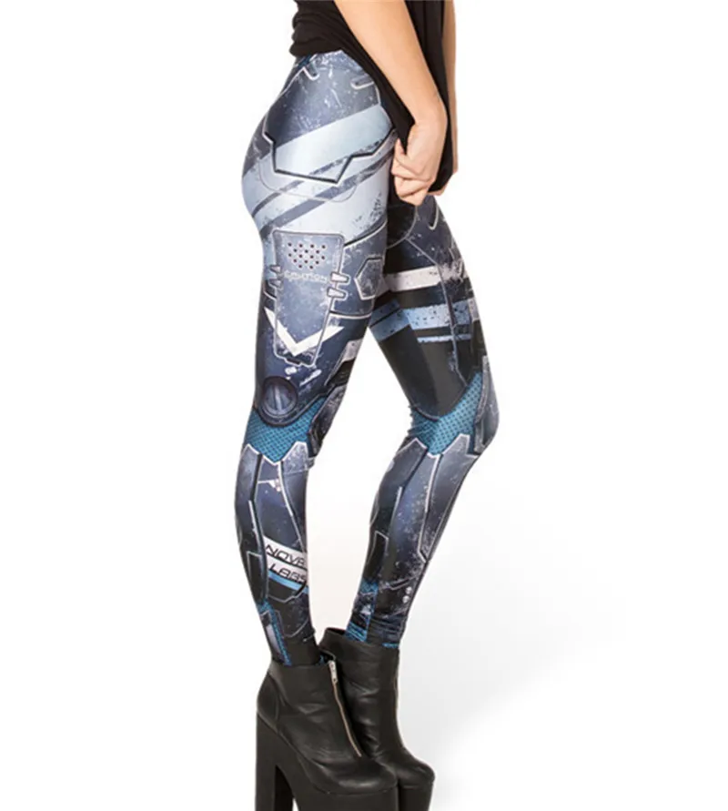 Douchow женские Синие леггинсы с принтом робота, штаны, блестящие эластичные леггинсы из спандекса для девушек, обтягивающие леггинсы без ног размера плюс