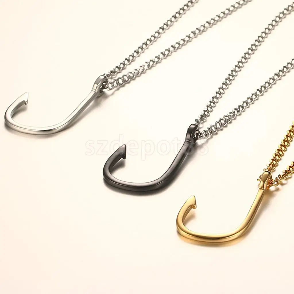 

Men's Fish Hook Necklace Gold Silver Black Plate Stainless Steel Pendant Necklace Jewelry Gift