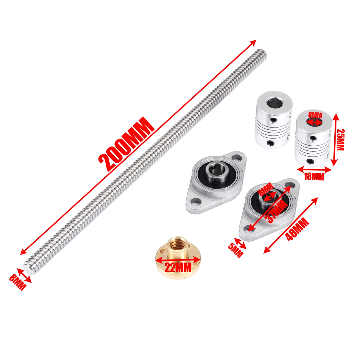 New 1Pcs 2mm T8 Lead Screw Rod CNC Linear Rail Bar Shaft + 2Pcs Coupling + 2Pcs Pillow Block with Nut