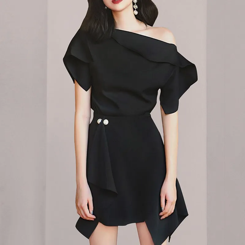 

Summer Elegant Black Irregular Mini Skirts Suits Slash neck Ruffles Blouse tops and High Waist Pearls Mini Skirt Two Piece Set