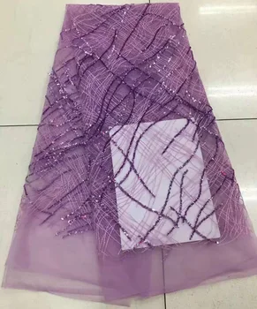 

Free shipping 5yards/lot High quality lilac purple African sequins lace fashion French net lace fabric for party dress QNJ57