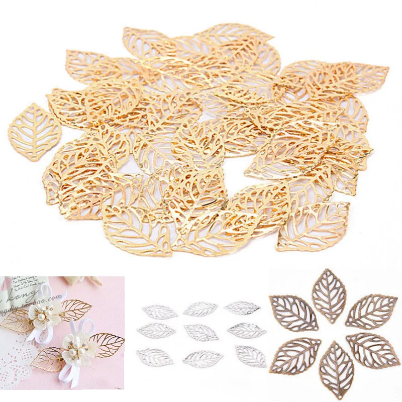 

Hot New Craft Hollow Leaves Pendant Jewelry Accessories Gold Charm Filigree Jewelry Making Plated Vintage for Hair Comb 100pcs