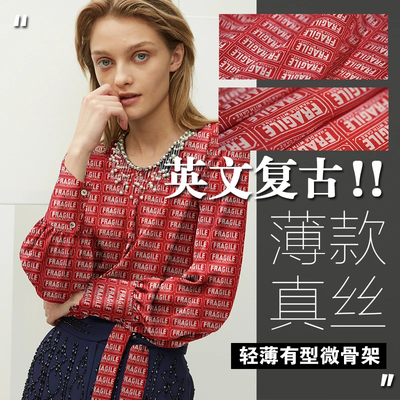 Super American English alphabet printing Vintage thin silk summer shirt dress fabrics red-soled plain cloth hand-made DIY | Дом и сад