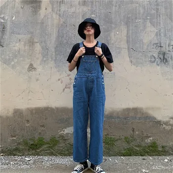 

Women Clothes Denim Pockets Straight High Street Jumpsuits Overalls Retro Solid Full-length Women Black Blue BodySuits