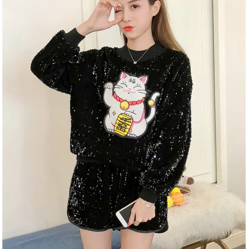 Модные толстовки с изображением из мультфильма Lucky Cat блестками свободные