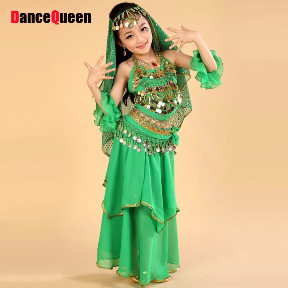 

Girls Belly Dance Costume 5 Pcs Top+Skirt+Waist Chain+Arm Sleeve+Veil Child Belly Dancing Clothes Kids Ropa De Danza Del Vientre