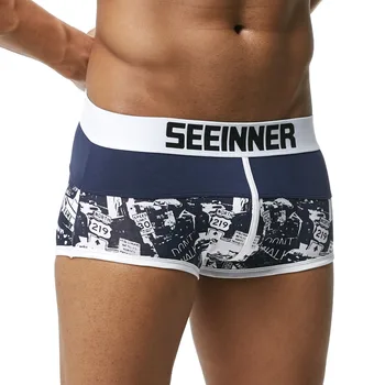 

Seeinner Men Brand Breathable Boxer shorts Printed Underpants Cotton Male Panties U convex pouch Sexy Cueca Gay Pants Underwear