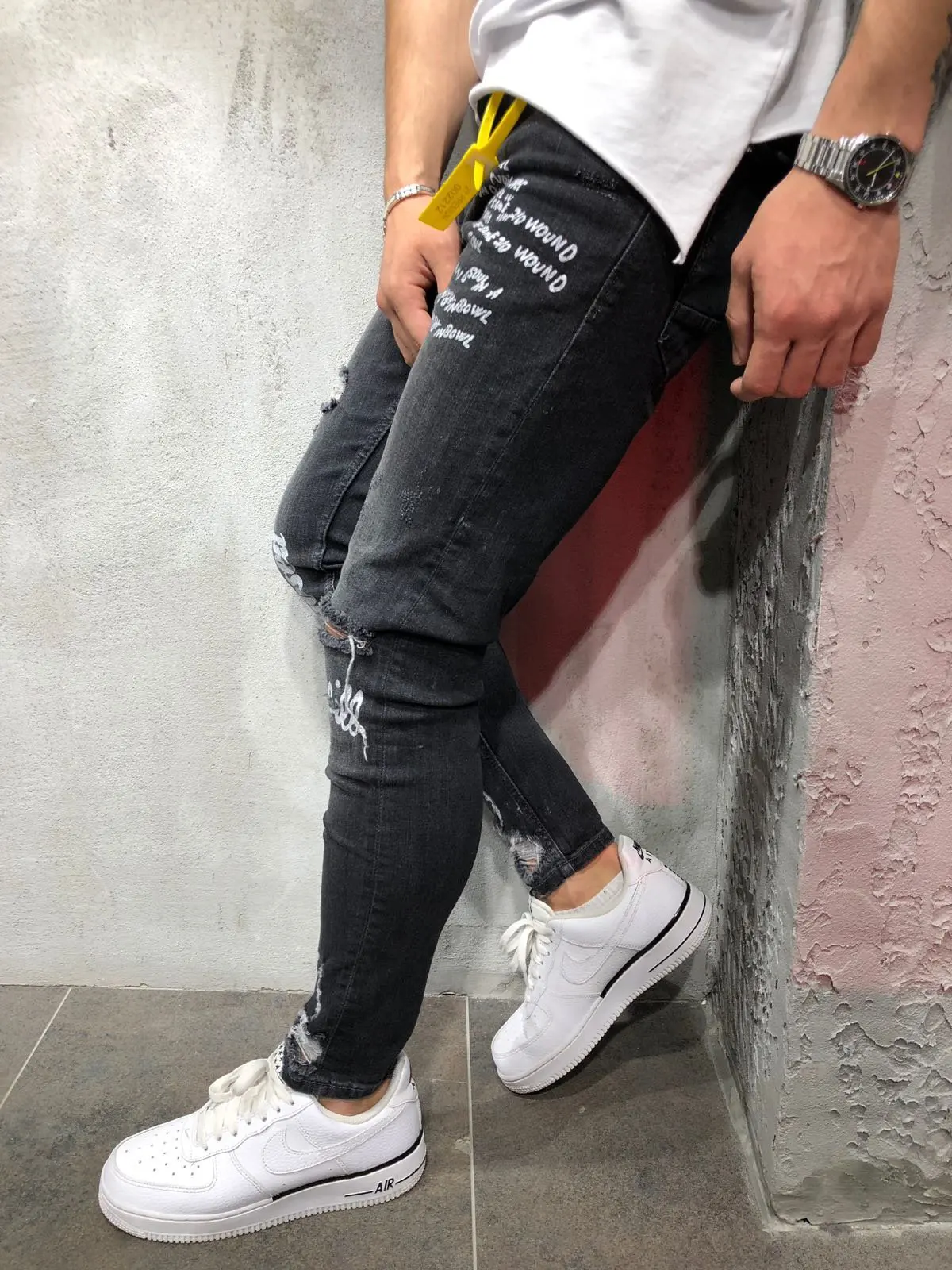 Men's New Stretchy Ripped Skinny Jeans Destroyed Denim Pants Mens Casual Elastic Waist Pencil Pants