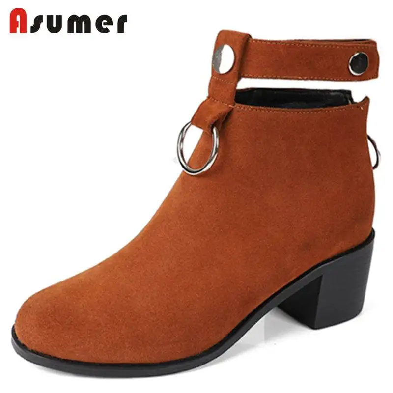 

ASUMER BIG SIZE 33-43 2018 NEW fashion cow suede leather boots thick high heels ankle boots for women zipper autumn boots