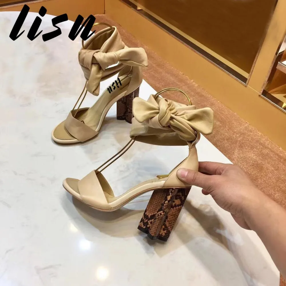 LISN New Brand Designer Genuine Leather Rome Gladiator Lace Up Summer Sandals Snakeskin Heel HIgh Heel Sandals Shoes Women