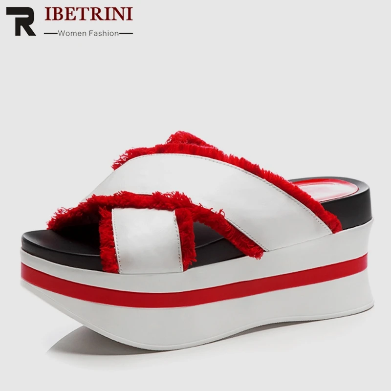

RIBETRINI 2019 New Ins Hot Brand Summer Slippers Women Genuine Leather Ladies Summer Women High Shoes Beach Wedges Shoes Woman