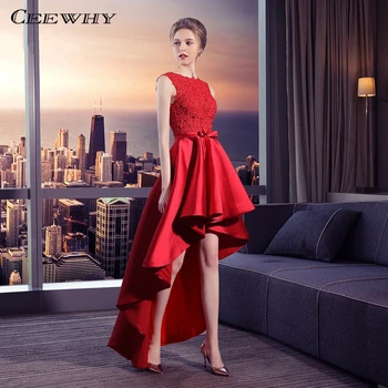 

CEEWHY Red Satin Dress Elegant Evening Dress 2018 High Low Prom Dresses Evening Gown Vestido de Festa Abiye Gece Elbisesi